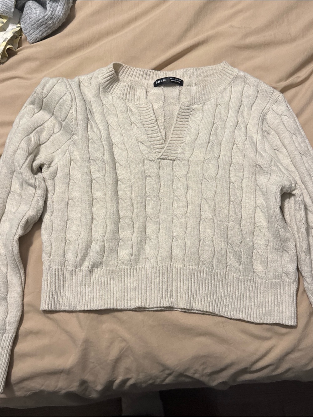 SHEIN Cream Cable V-Notch Knit Sweater